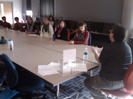 Living Book Jan Buterman meets with Living Library readers in Augustana's new library classroom.